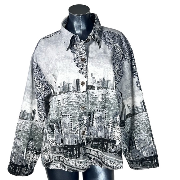 VTG RAAKHEE Sequin Black White City Skyline Button Up Top Women's Size 1X - Picture 1 of 16